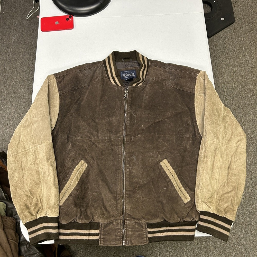 Basic Editions Suede Varsity Jacket Mens Large Brown Tan Leather Bomber Striped